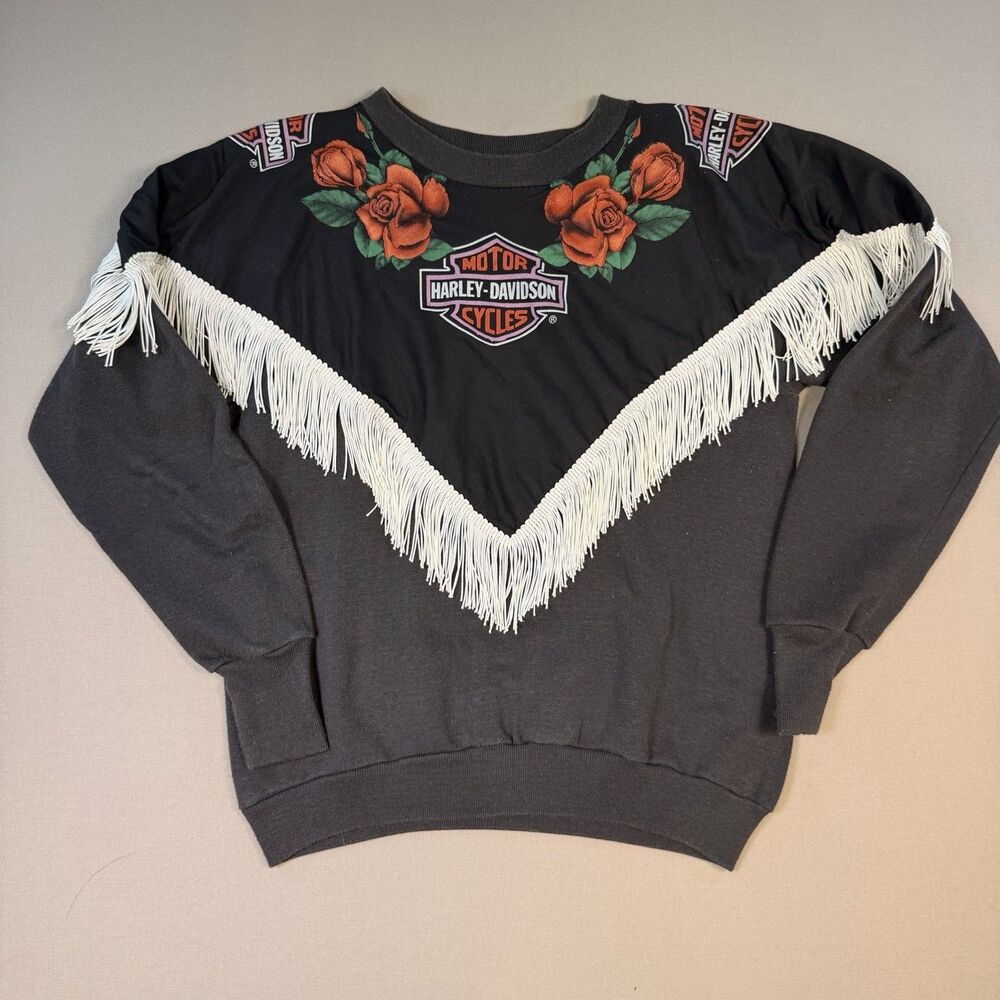 VTG 80s Harley Davidson Fringe Sweatshirt Women's Med Roses Healthknit USA Made